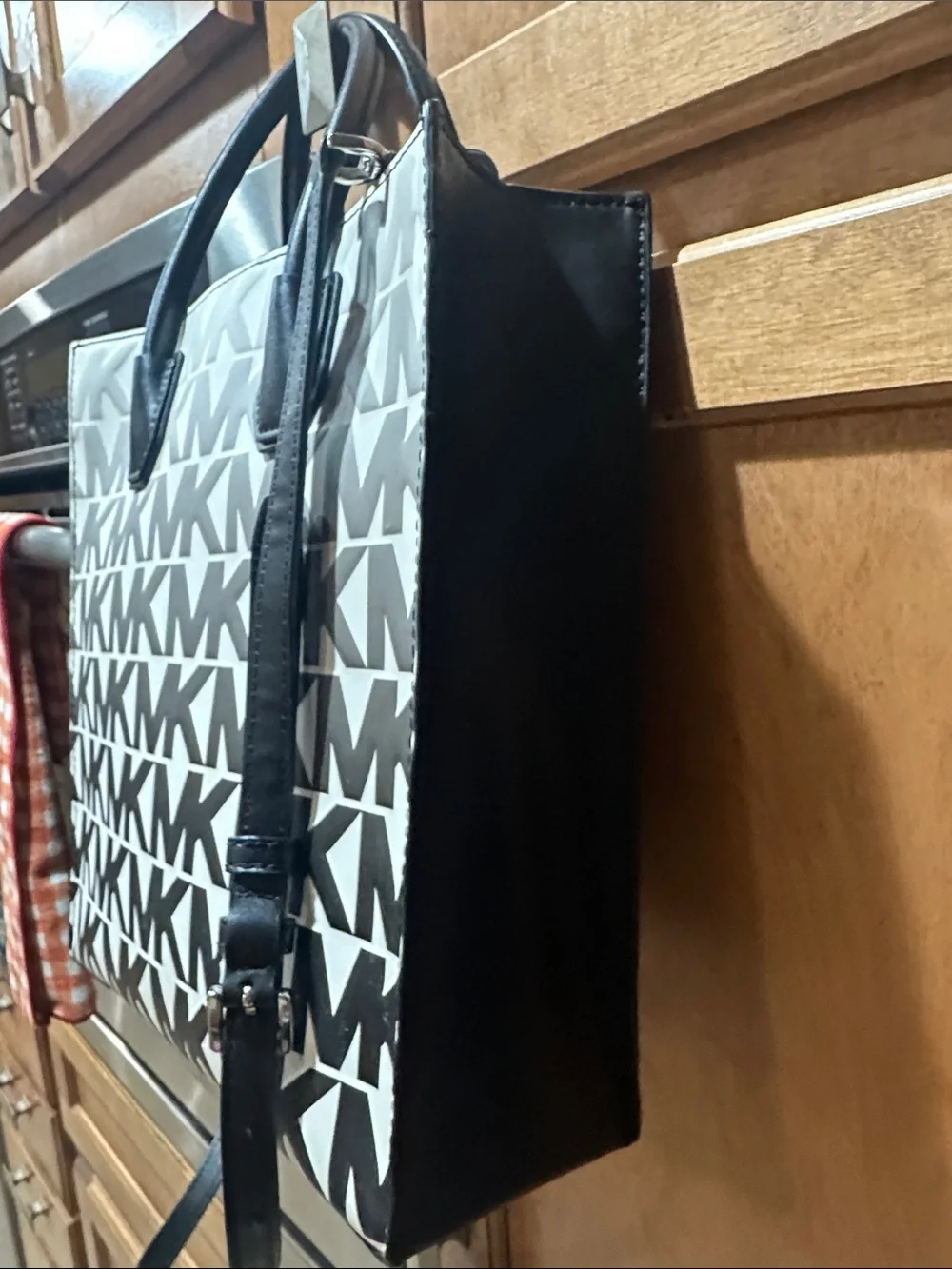 Michael Kors Black & White MK Logo Tote with Charm